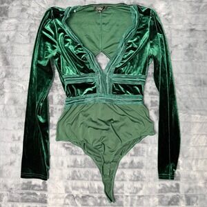 Lulus Womens Emerald Green Velvet Long Sleeve V-Neck Mesh Trim Bodysuit Large